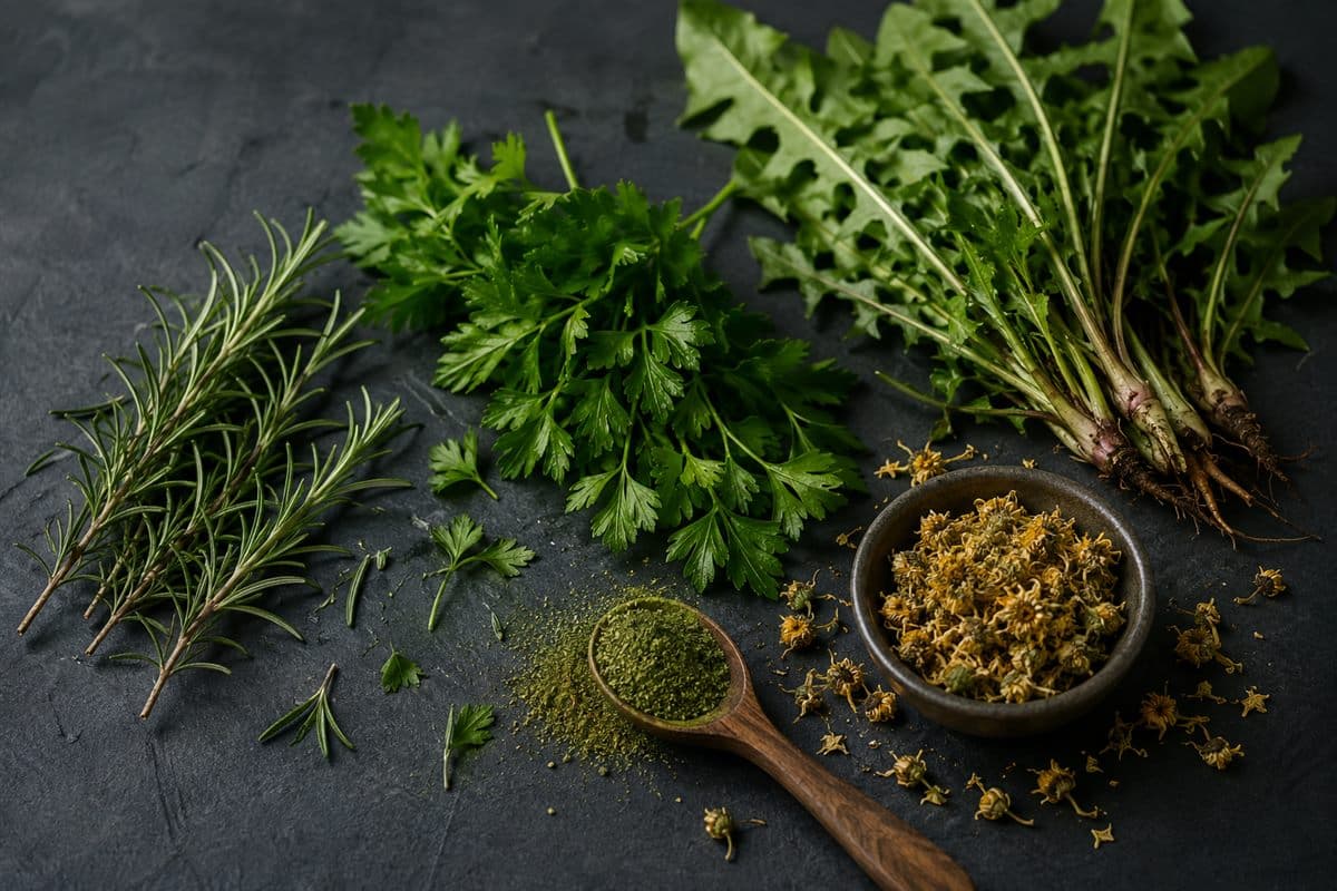 Erbe fresche con cucchiaio di legno su ardesia